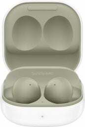 a green pair of samsung galaxy buds 2 earbuds in their included charging case