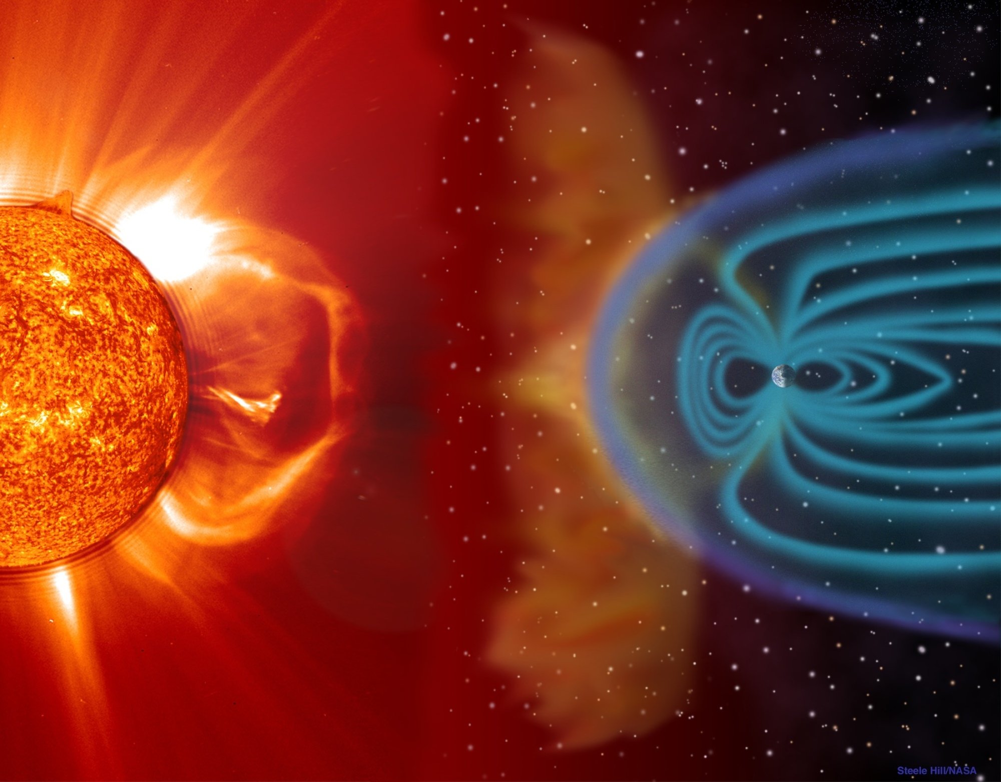 An image of a CME impacting an illustation of Earth's magnetic field, shown by the blue lines.