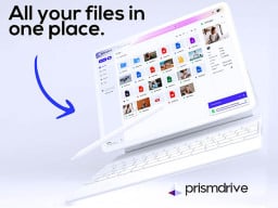 laptop with apps on screen, text reads 'All your files in one place.'