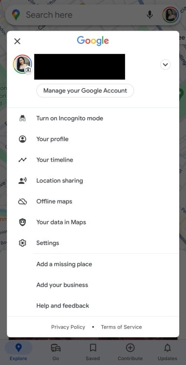 The menu in Google Maps.