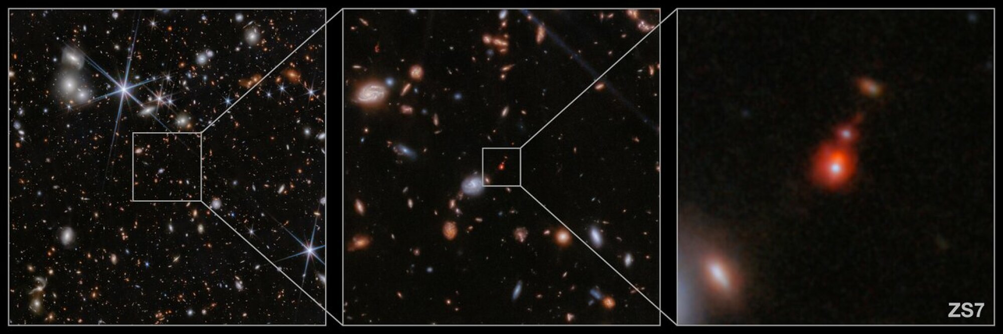 On the right image, the two reddish areas at center show the ancient merging of two galaxies.