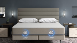 A Sleep Number mattress on a bed without sheets on