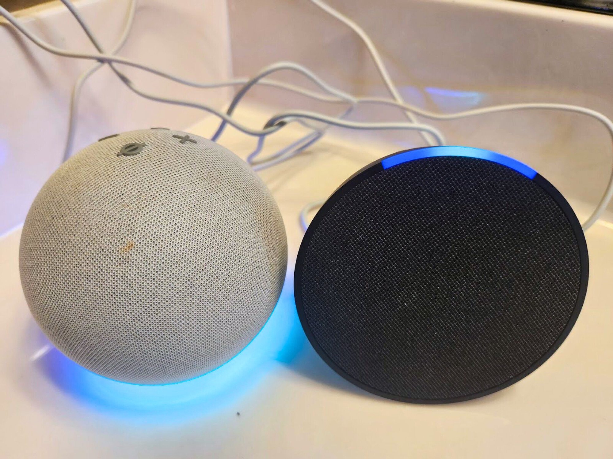 gray echo dot next to black echo pop