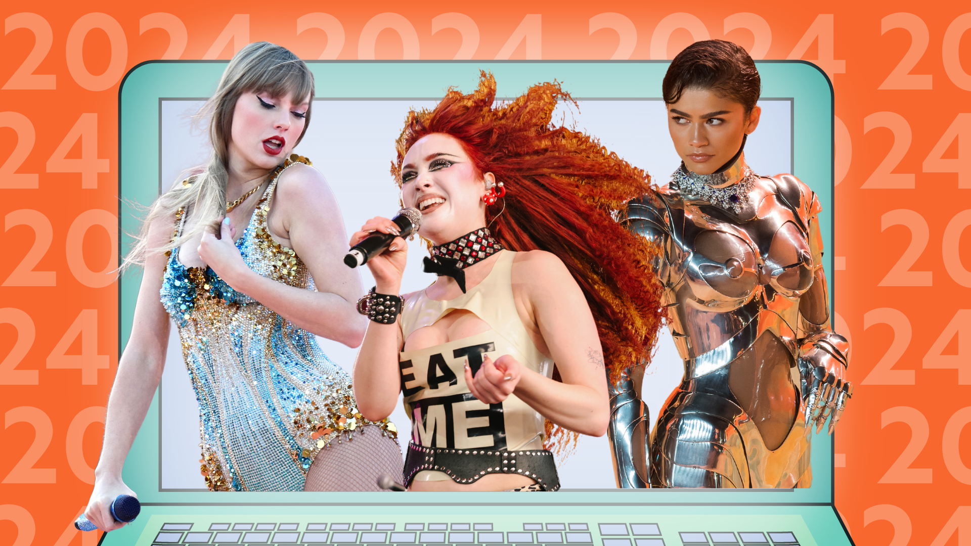 Taylor Swift, Chappell Roan, and Zendaya pop out of a laptop screen.