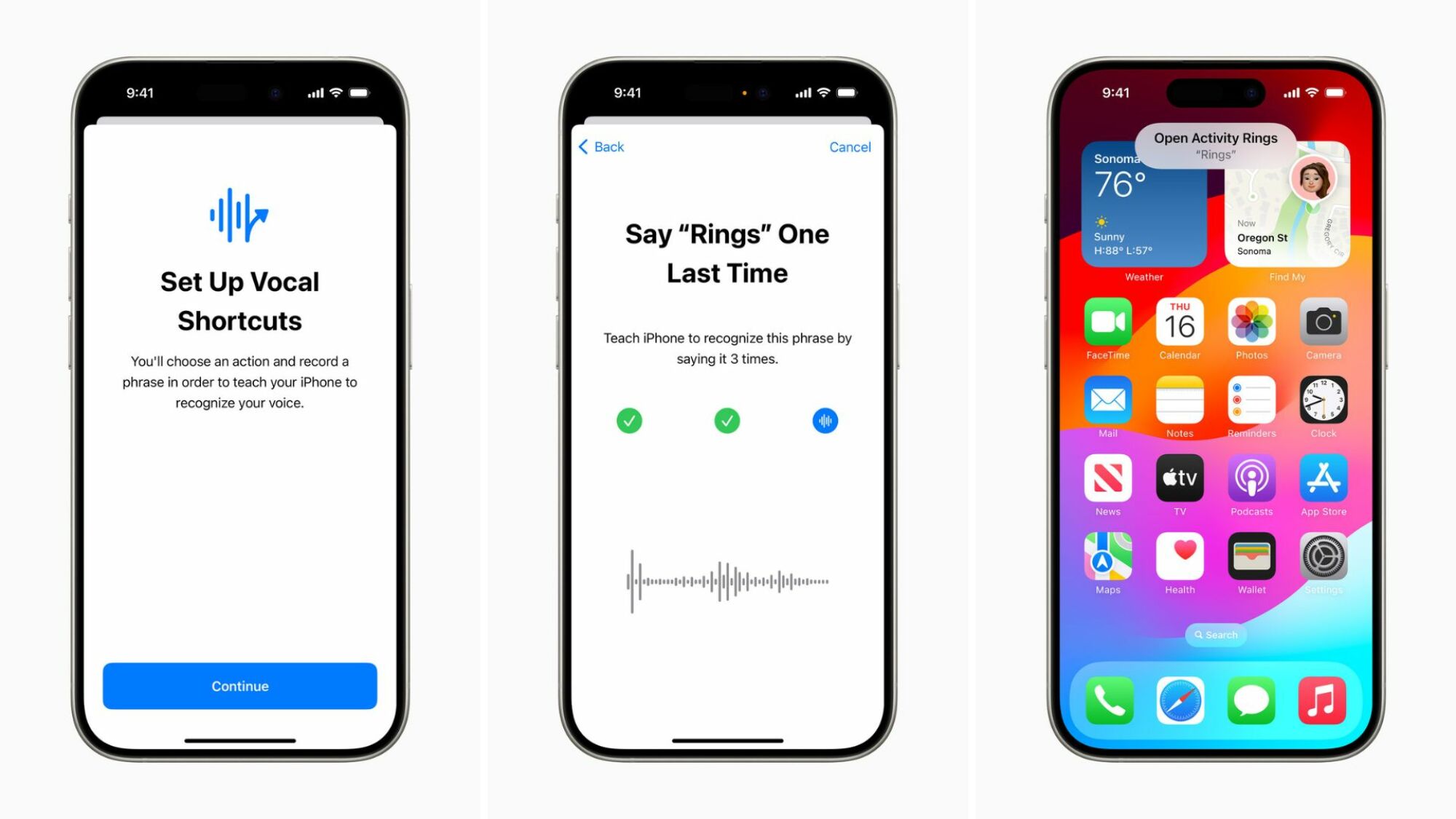 Three images of an iPhone activating its Vocal Shortcuts feature.