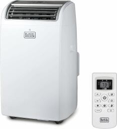 a black+decker portable air conditioner unit with its remote control