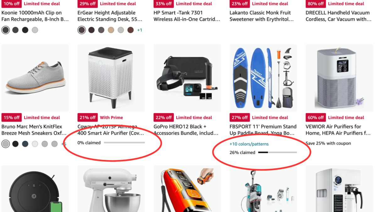 A page of products on Amazon with red circles around the lightning deal bars.