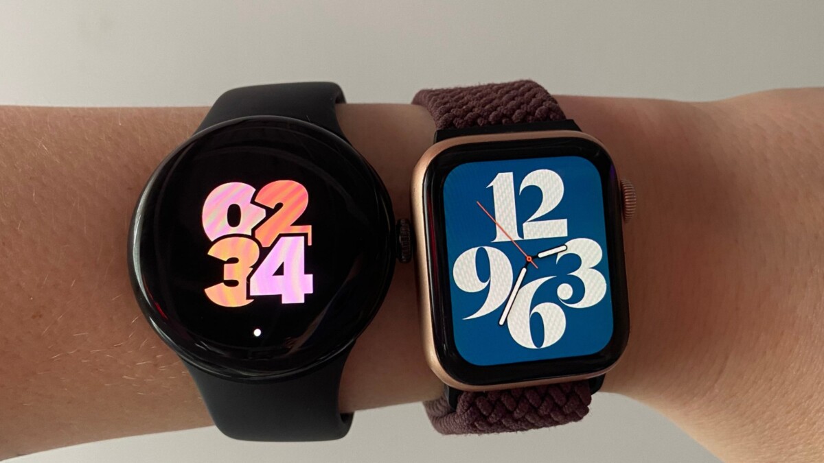 woman's wrist with google pixel watch 2 and apple watch series 4