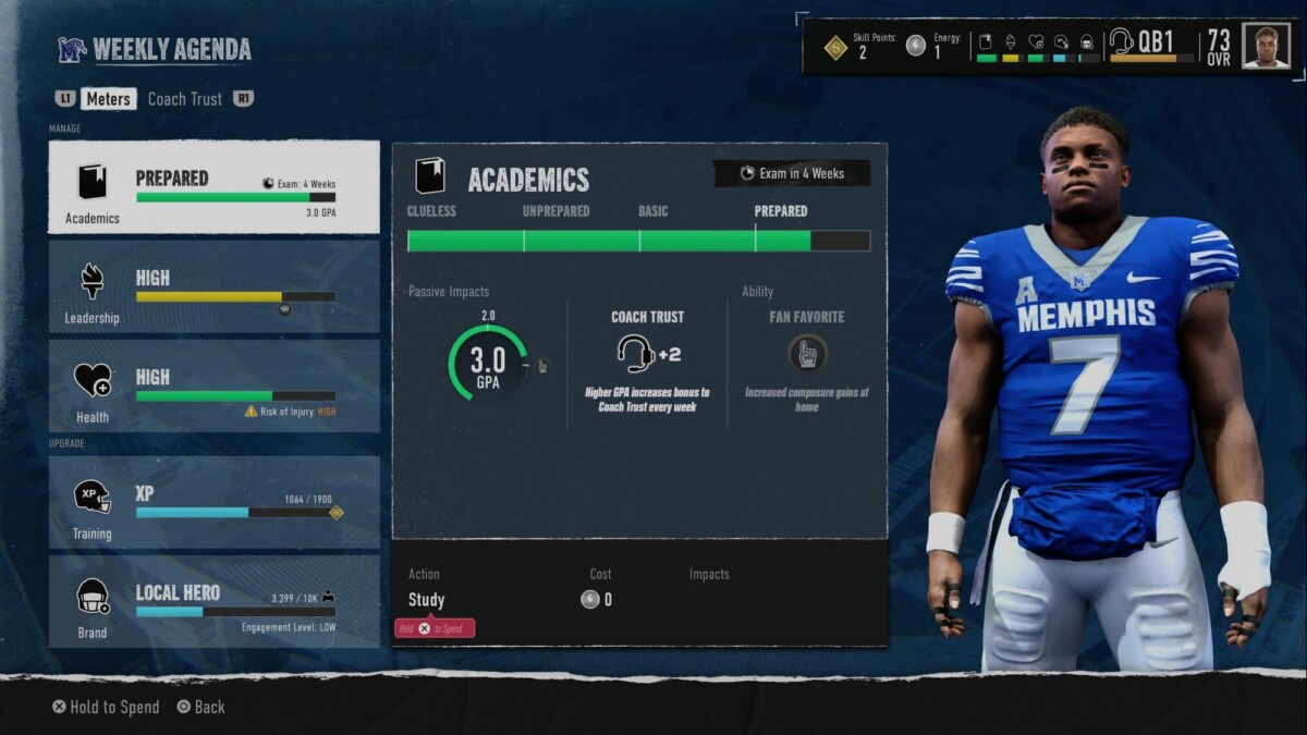 Screenshot of a sports video game featuring a player from Memphis. The interface shows a "Weekly Agenda" with details on Academics, Leadership, Health, Training, and Brand. The player has a 3.0 GPA, high leadership and health, and is a "Local Hero." The character on the right wears a blue Memphis jersey with number 7.