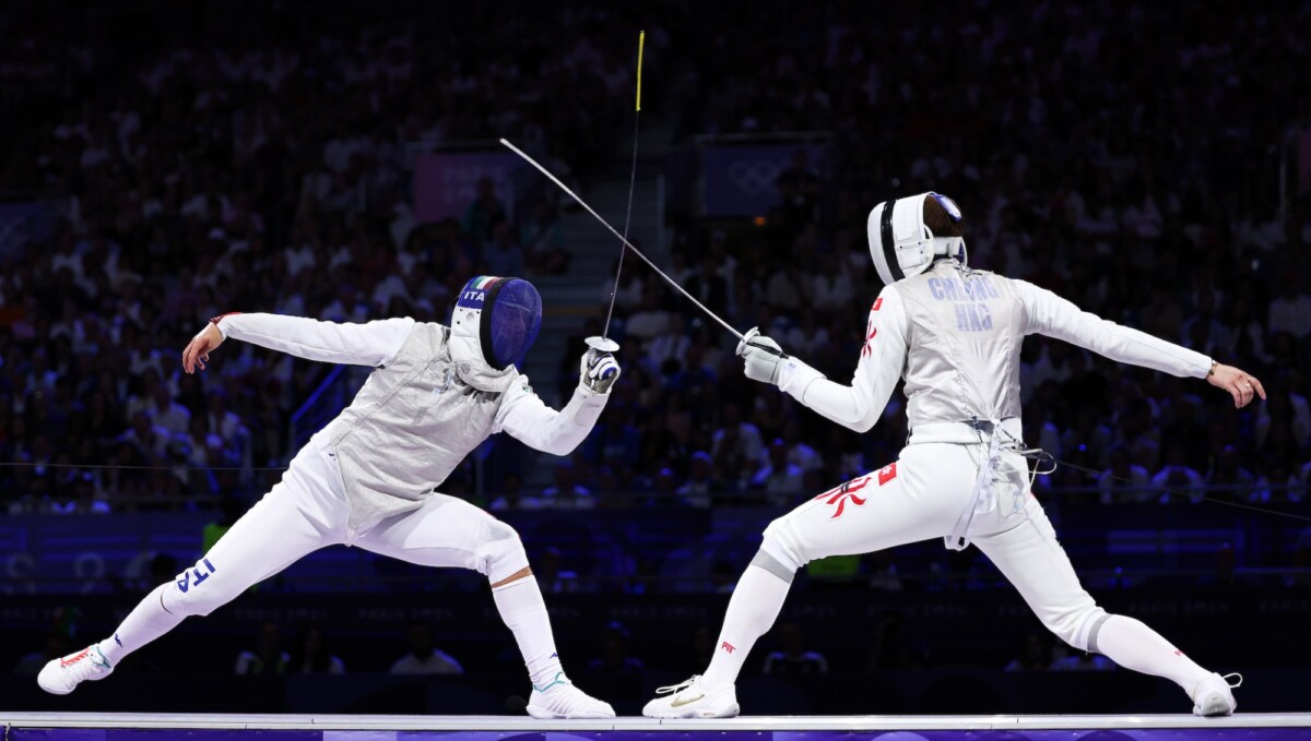 Filippo Macchi of Italy and Ka Long Cheung of Hong Kong at the 2024 Paris Olympics.