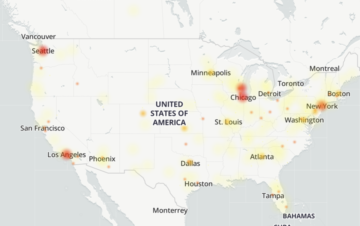 grindr outage map of the united states showing red dots over milwaukee, chicago, new york, and los angeles