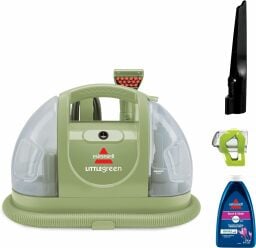 A Bissell Little Green Machine carpet cleaner with different attachment heads and cleaner