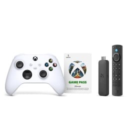 Amazon Fire TV Stick 4K Max, Xbox Wireless Controller, Xbox Game Pass on white background