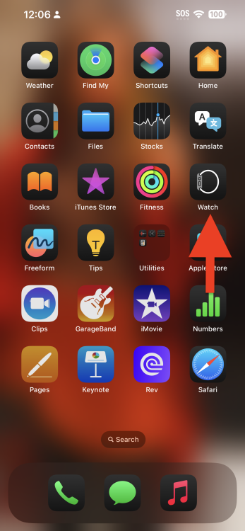 Red arrow pointing to Watch app