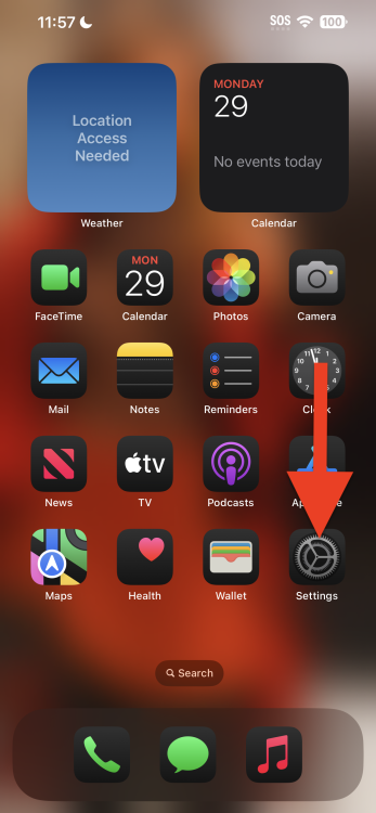 Red arrow pointing to Settings in iOS 18.1