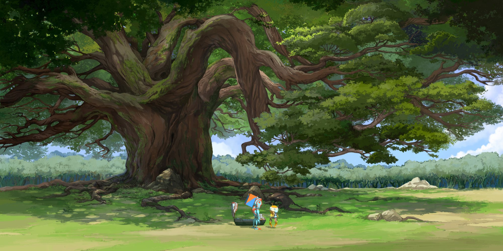 Small figures stand underneath a large, overarching tree.