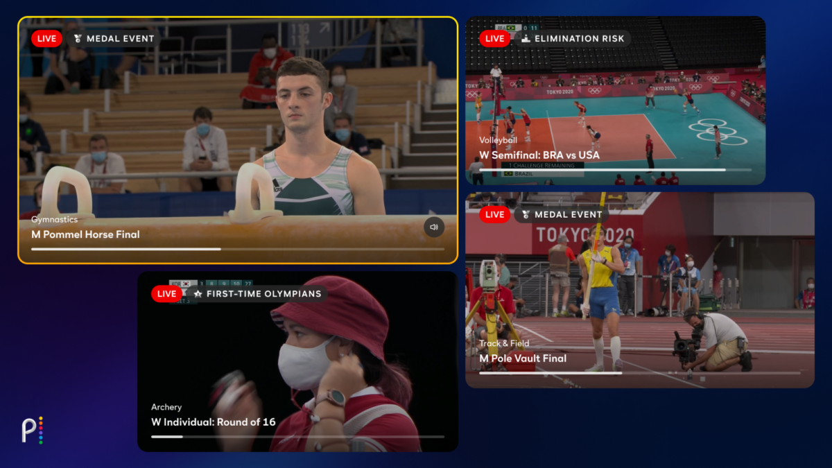 A screen showing four different Olympic sporting events at once.