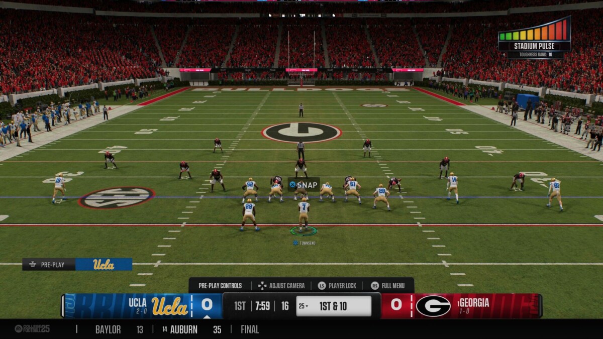 A video game screenshot shows a football game between UCLA and Georgia