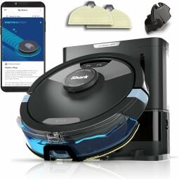 Shark robot vacuum, self-empty dock, mopping pad, and smartphone with cleaning app on screen 