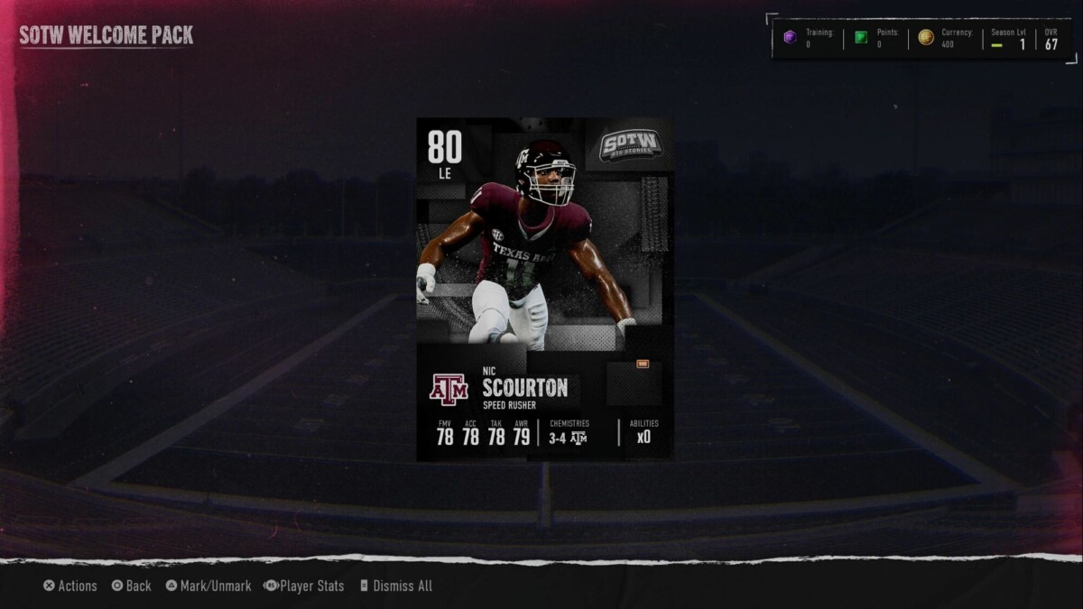 A video game screen shows a player card from a "SOTW Welcome Pack." The card features Nic Scourton, a left end (LE) speed rusher from Texas A&M with an overall rating of 80