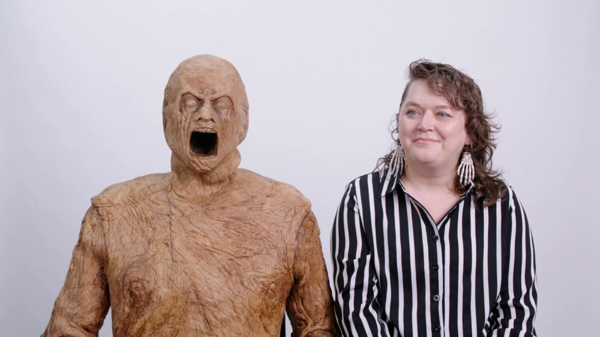 The Wooden Man and Kristy Puchko at the Mashable studio.