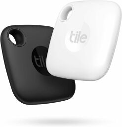 two Tile Mate bluetooth trackers in black and white