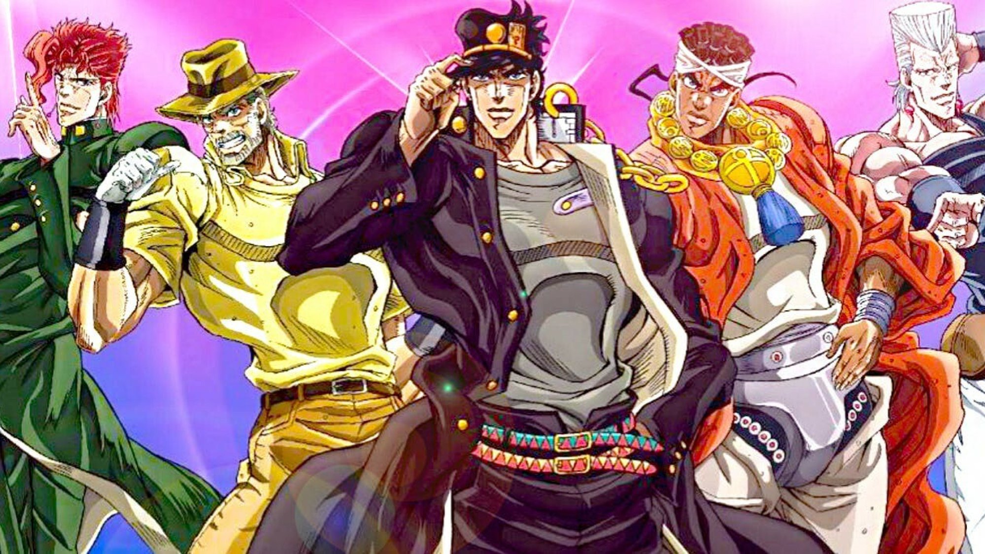 Anime still: five muscular men in bright clothing strike poses