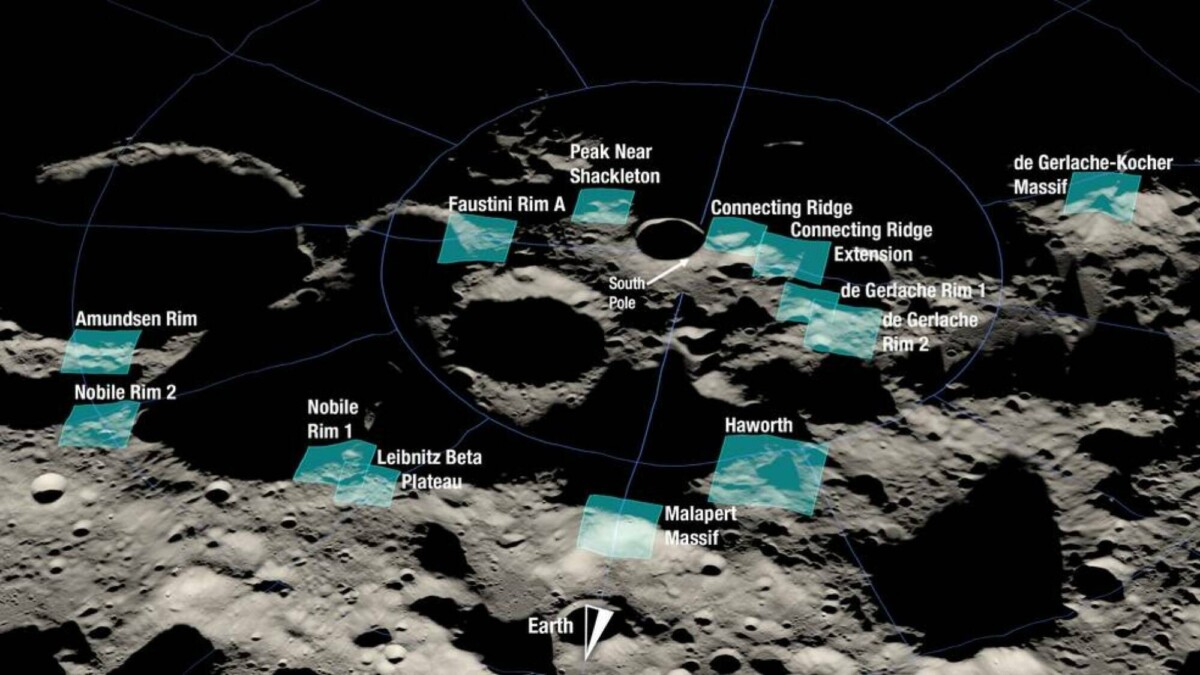 The 13 proposed landing sites for NASA's Artemis III mission in the lunar south pole. Each area is some 9.3 by 9.3 miles in size. 