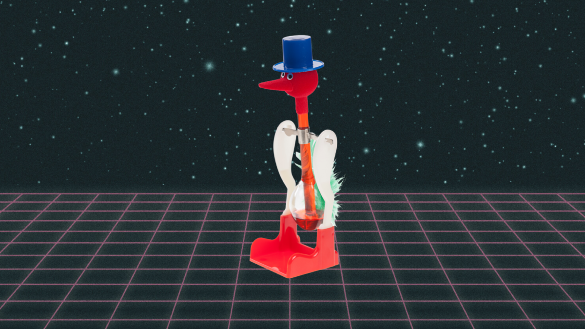 A drinking bird with a top hat on a sci-fi-like grid background.