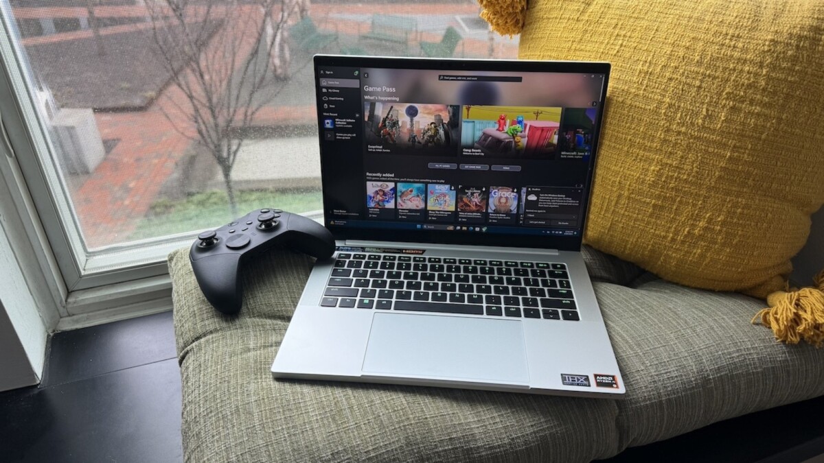 The Razer Blade 14 sitting on a window sill