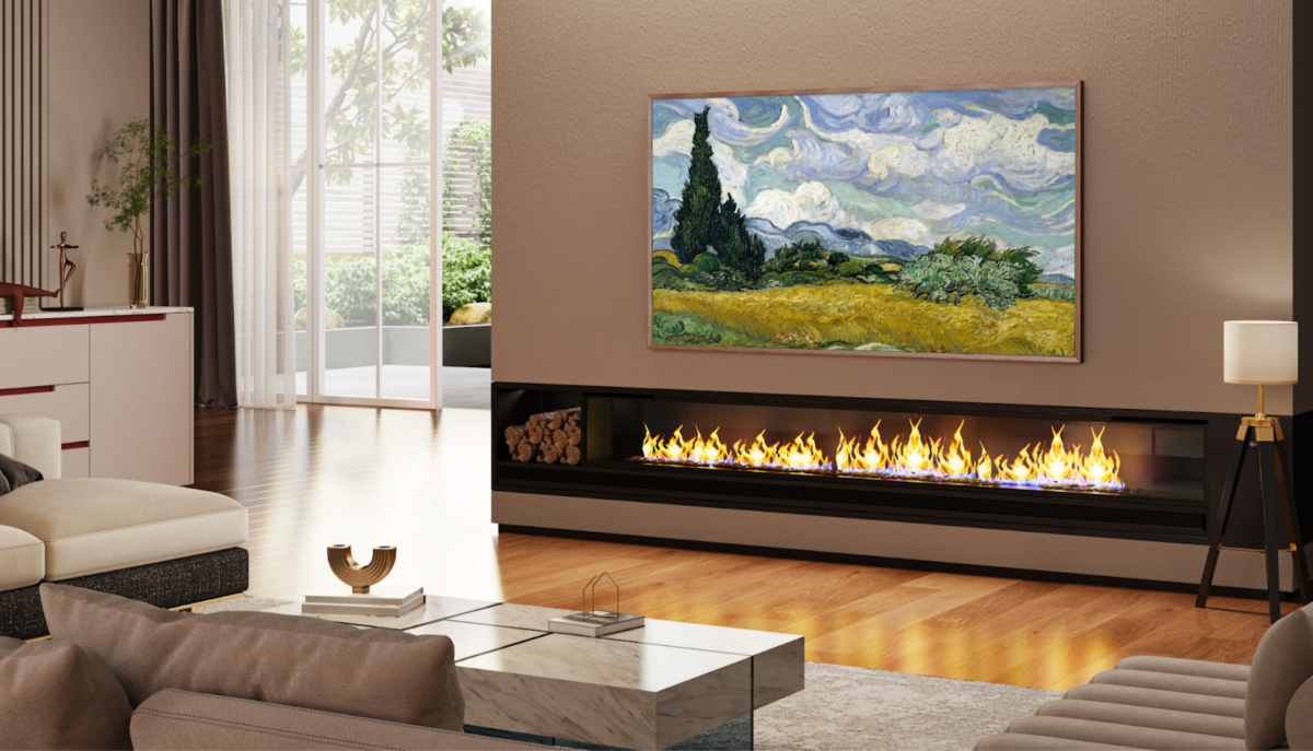 An image of a Hisense Canvas TV in a living room above a fireplace.