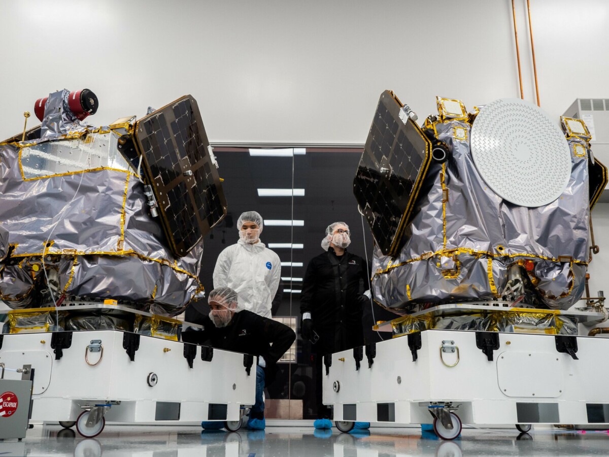 Twin spacecraft preparing for shipment