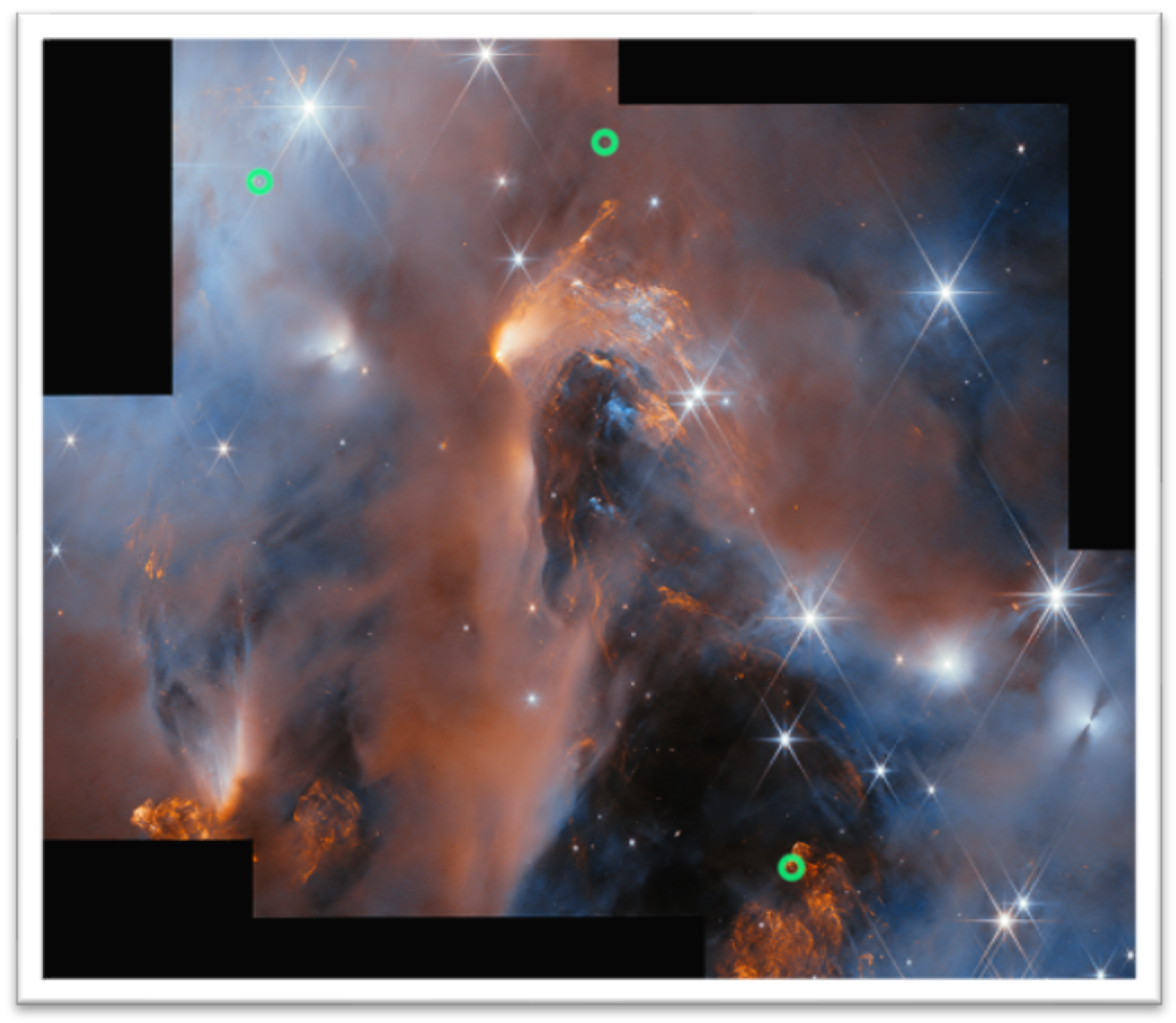 The green circles show three of the recently observed rogue planets in the nebula NGC1333.