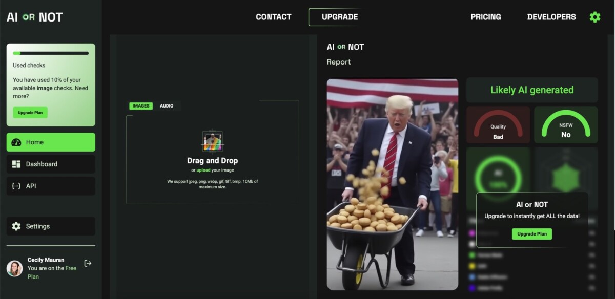 AI or Not image detector correctly identifying an image of donald trump carrying a wheelbarrow of muffins as AI-generated