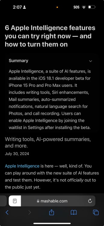 Summary tool on Safari on iOS 18.1 developer beta