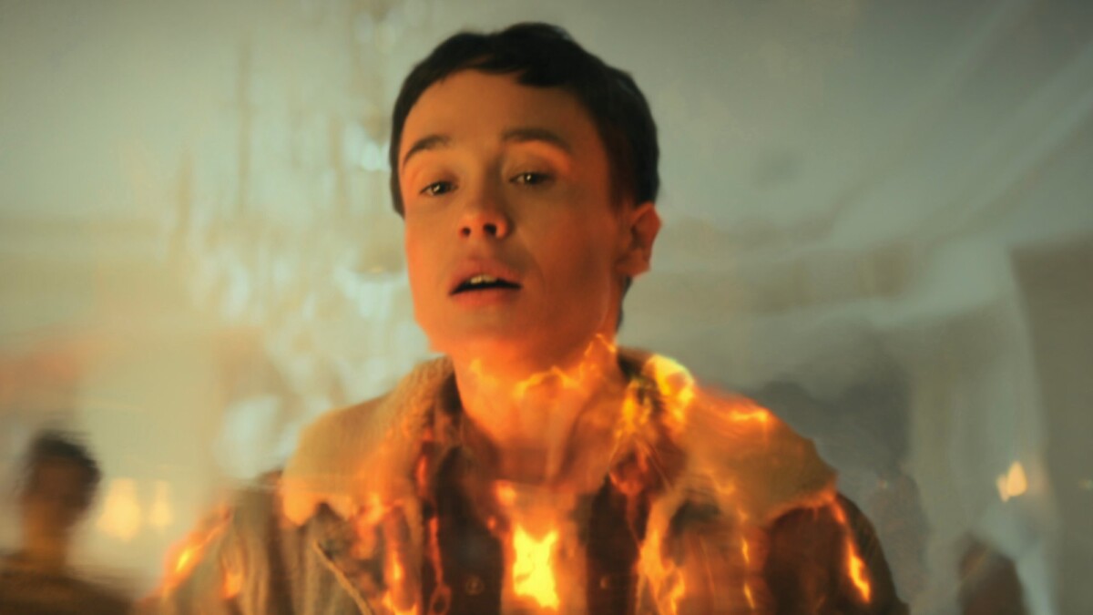 Viktor (played by Elliott Page) is engulfed by internal flames in the TV show "The Umbrella Academy.