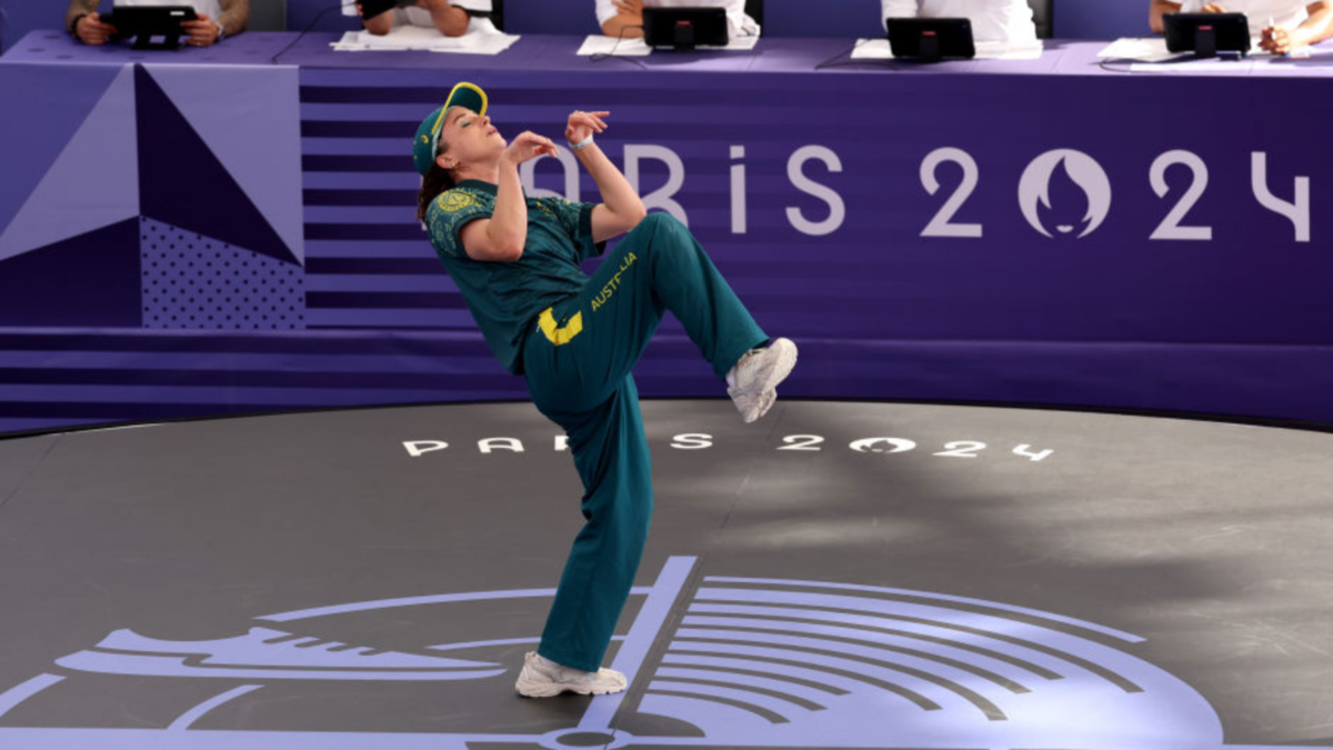 B-Girl Raygun of Team Australia competes during the B-Girls Round Robin - Group B on day fourteen of the Olympic Games Paris 2024 at Place de la Concorde on August 09, 2024 in Paris, France.