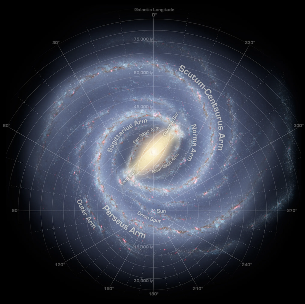 A graphic of the Milky Way galaxy, with the sun show below the galactic center.