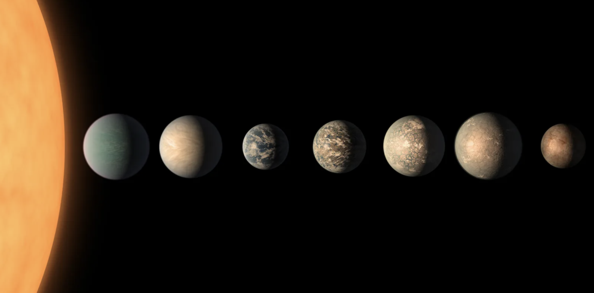 A conception of the TRAPPIST-1 solar system, which contains seven rocky worlds, located some 40 light-years from Earth. Some could be habitable.