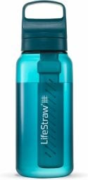 a teal colored lifestraw water bottle with included filter