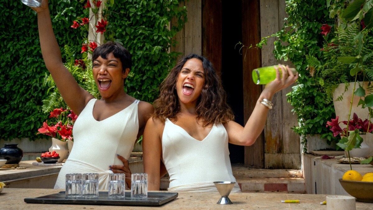 Naomi Ackie stars as Frida and Adria Arjona as Sarah in director Zoë Kravitz’s "Blink Twice."