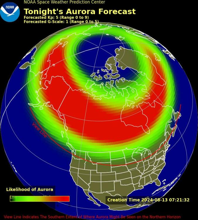 A map showing where the aurora borealis will be on August 13, and where it will be visible from. The Northern Lights appear to just brush the northernmost U.S. states.