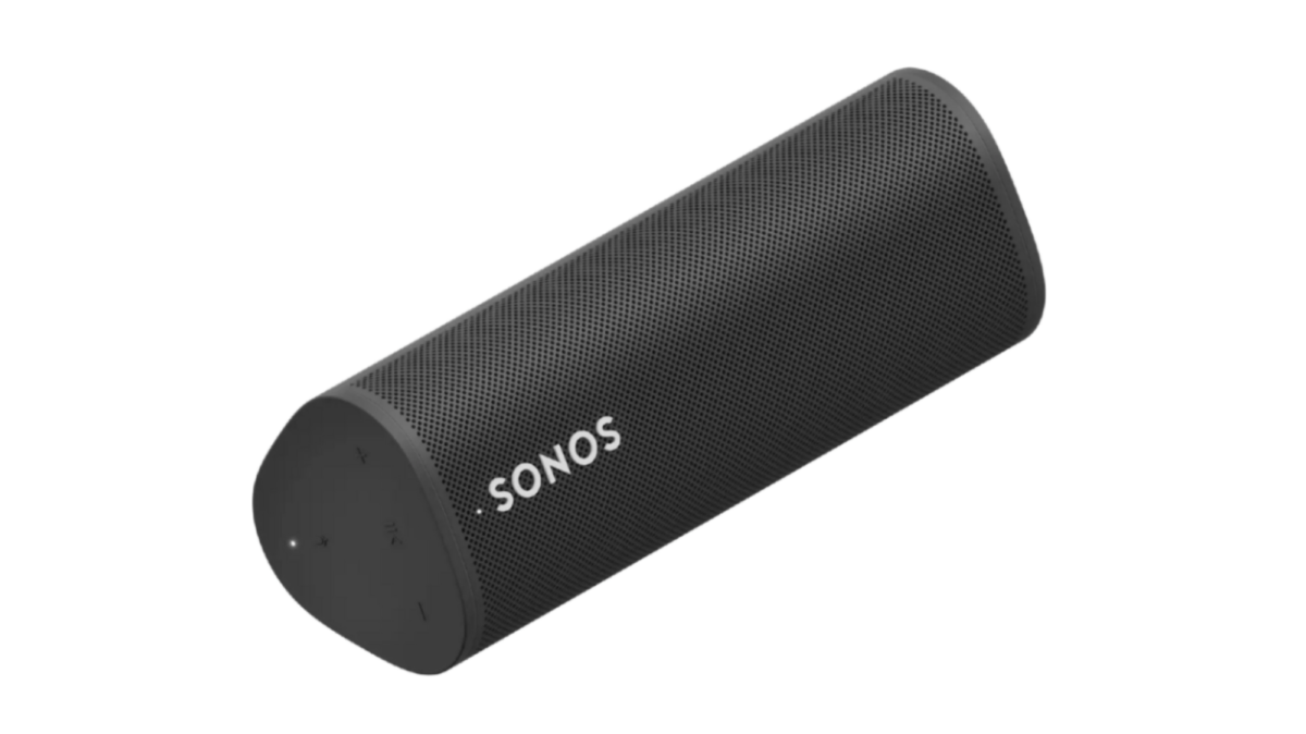 The Sonos Roam. A compact black speaker, in a rounded triangular prism shape.