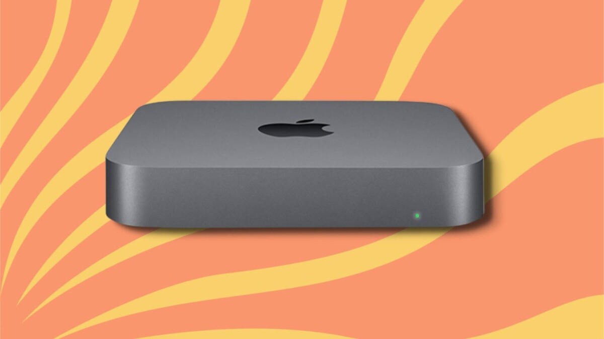 Mac Mini with an orange and yellow striped background