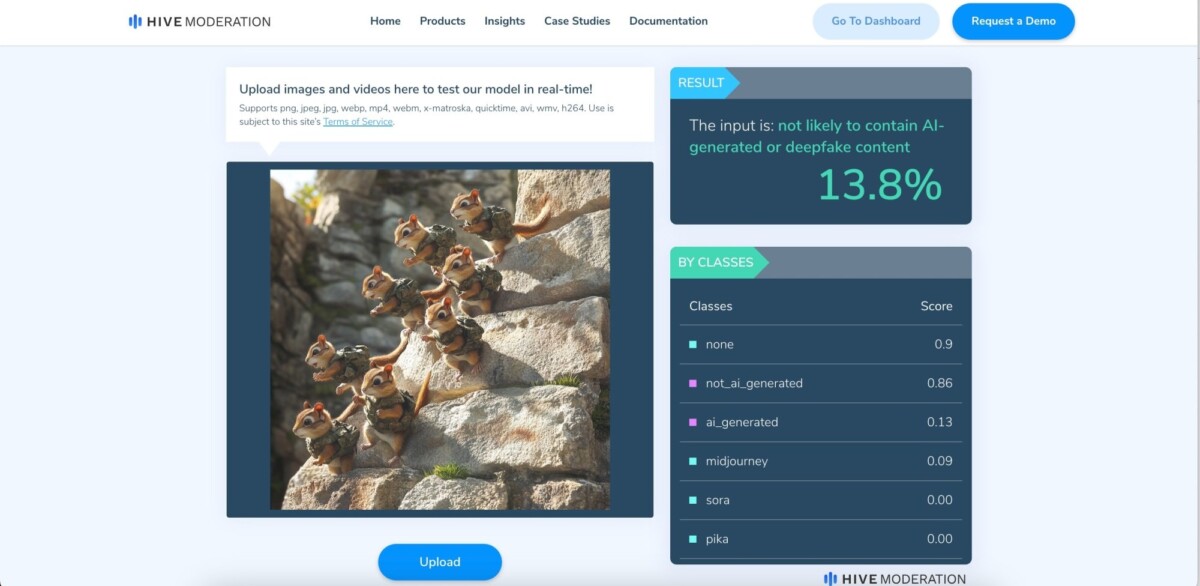 hive moderation ai detector saying an ai-generated image of a chipmunk army scaling a stone wall has a 13.8 percent probability of bein ai generated.   