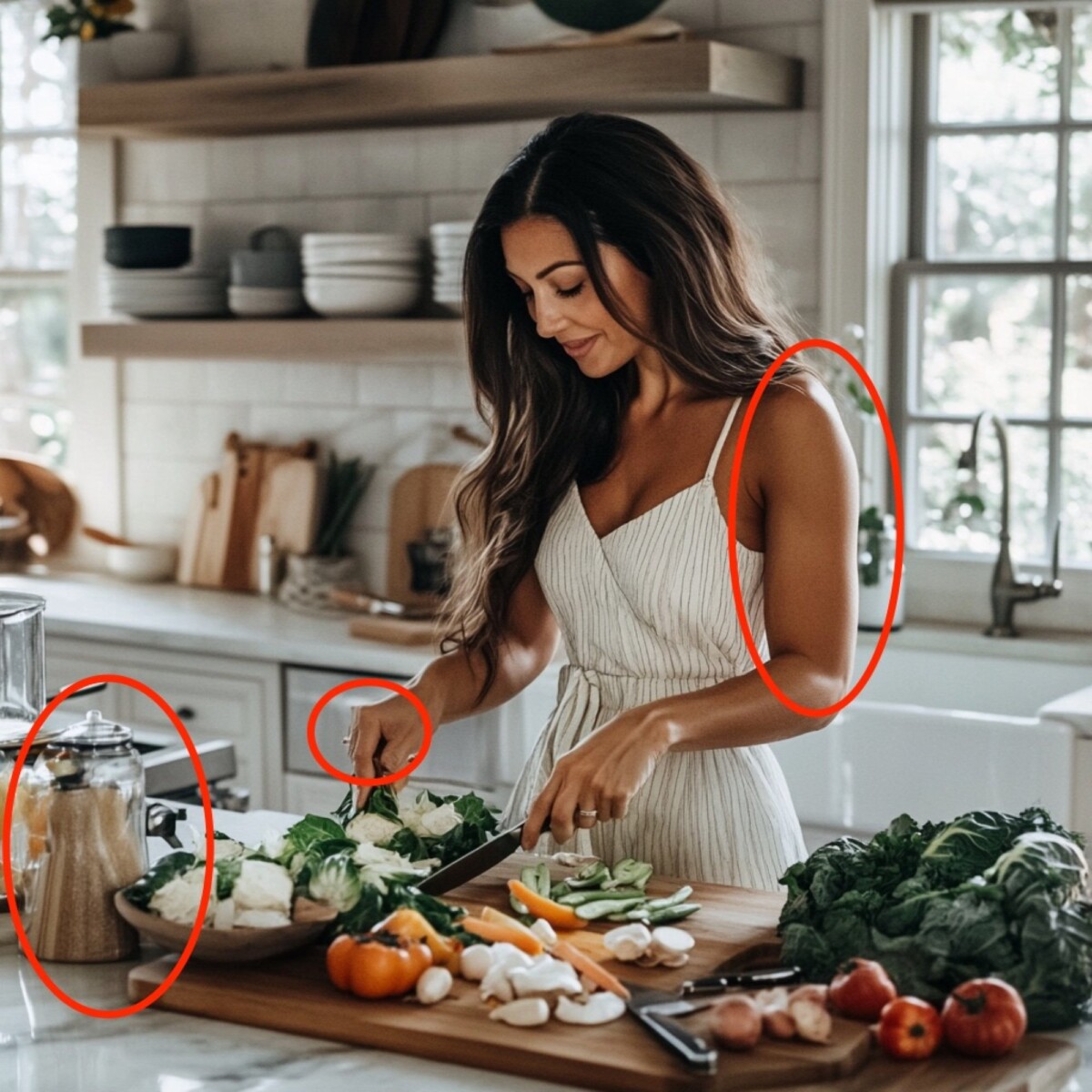 AI generated image of a woman with long brown hair chopping vegetables in a sunny kitchen