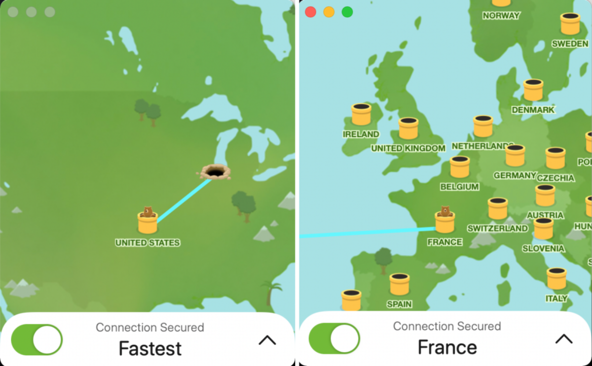 side by side screenshots of the tunnelbear app on mac