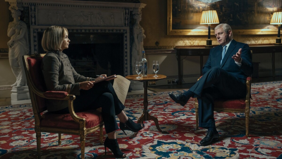 Ruth Wilson as Emily Maitlis interviewing Michael Sheen as Prince Andrew in "A Very Royal Scandal."