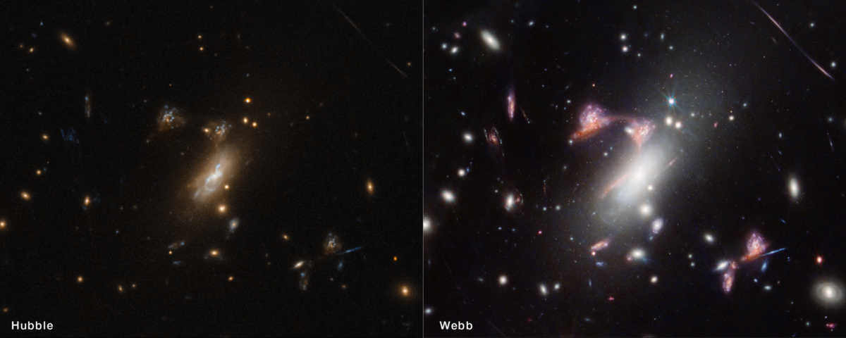 Comparing Hubble and Webb's views of a galaxy cluster