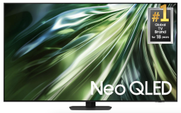 Samsung Neo QLED TV with abstract blue and green screensaver